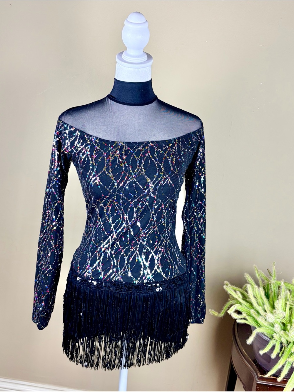 Weissman Mock Neck Sequin and Fringe Biketard Dance Costume Adult M Glitter - Picture 2 of 7